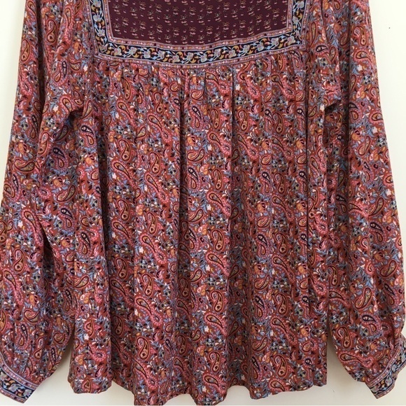 Gap Boho Burgundy paisley top long sleeve crew neck Relaxed Fit blouse - Picture 5 of 16